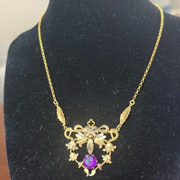 Edwardian Victorian Antique Gold Filled Amethyst Glass Mourning Jewelry Necklace